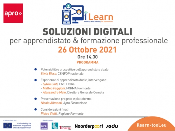 On October 26, 2021 at 14.30 at Apro Formazione in Alba will be held the presentation of the platform iLearn for the mobility and training of apprentices